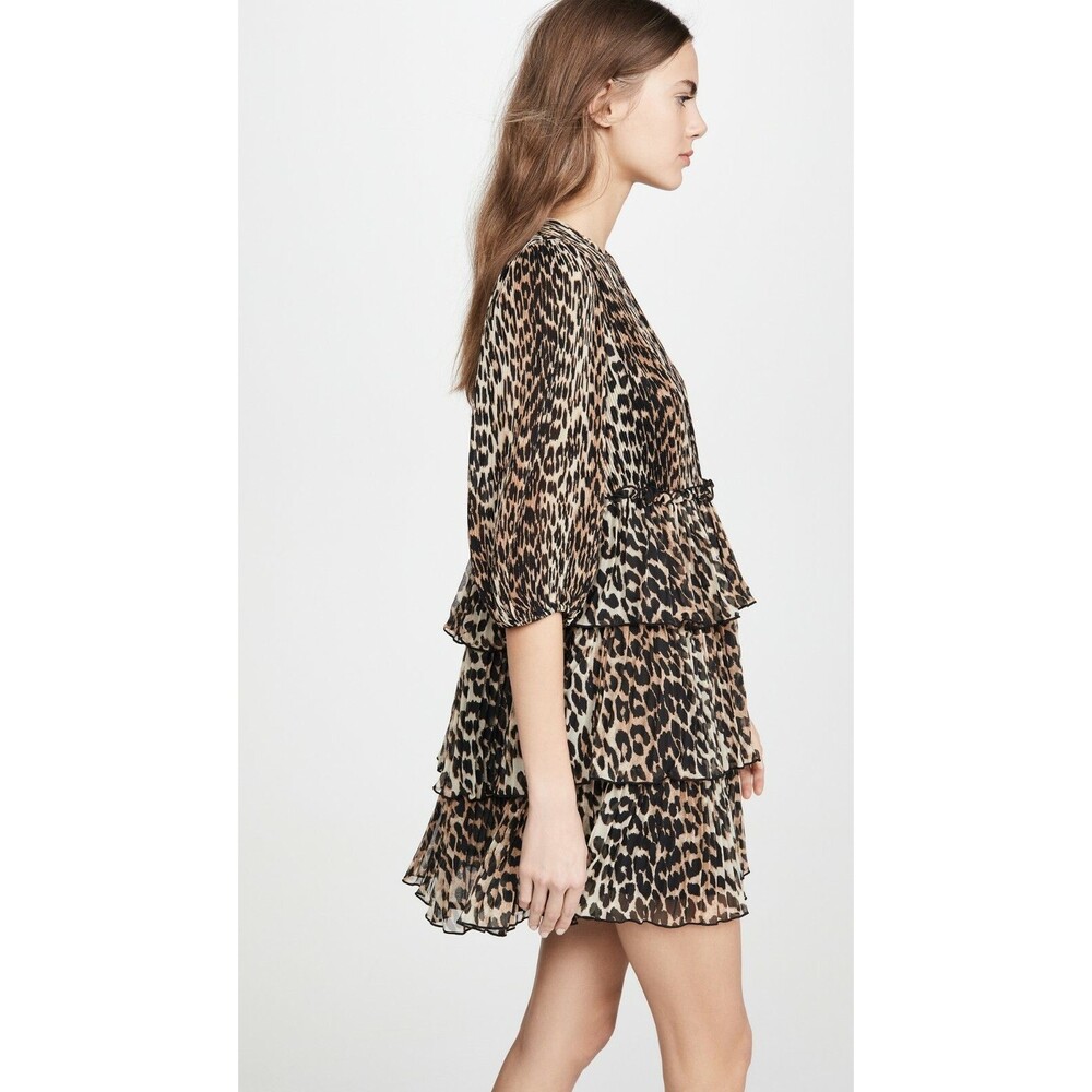NWT Ganni Leopard Pleated Georgette Tiered Ruffle Dress 36(4), 38(6), 40(8) $235 - Picture 6 of 12